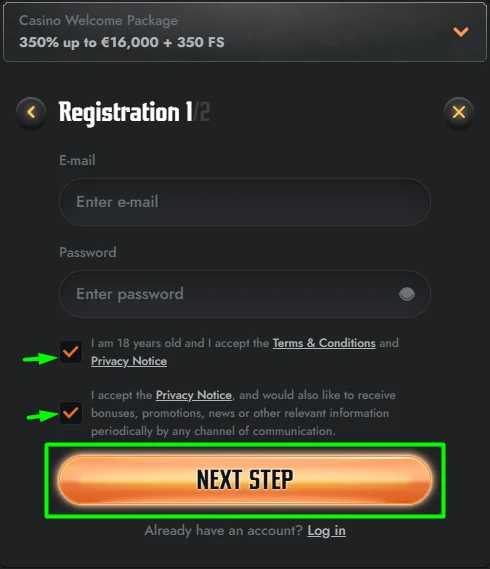 registration form step 1 of 2