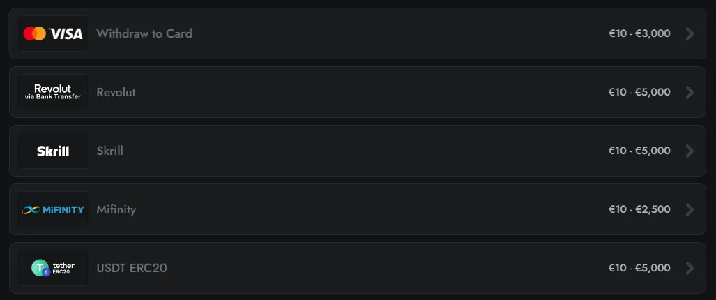Withdrawal methods available at Gransino Casino UK