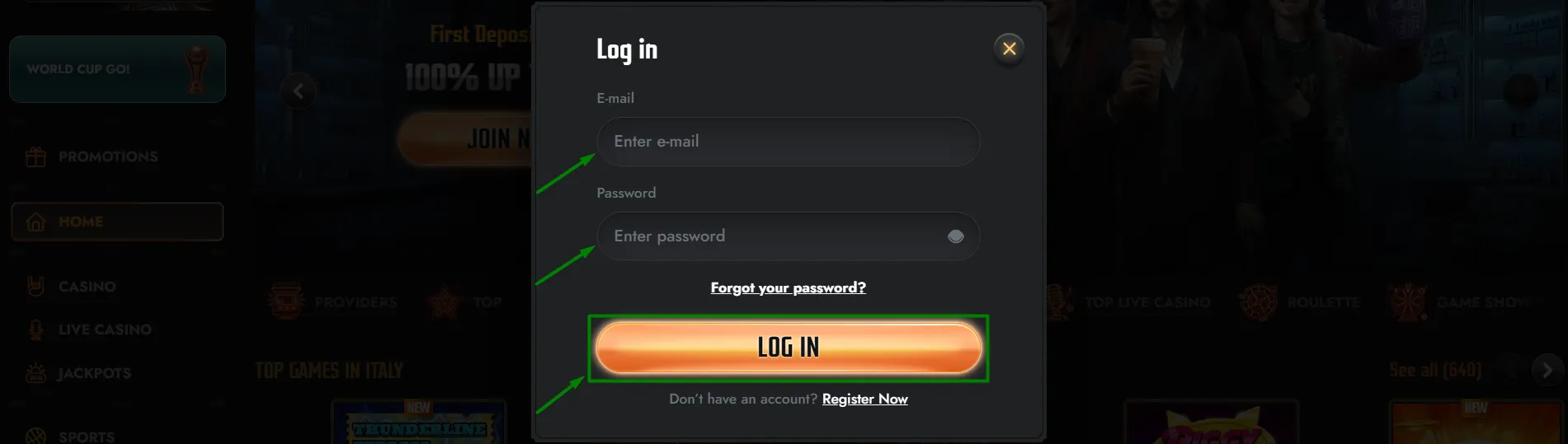 Gransino Casino account login interface